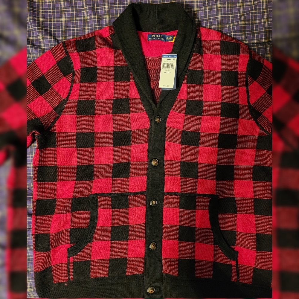 Polo Ralph Lauren Shawl Wool Cardigan Sweater Red Plaid Size Mens XXL MSRP $298